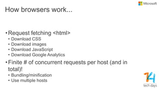 How browsers work...
•Request fetching <html>
• Download CSS
• Download images
• Download JavaScript
• Download Google Analytics
•Finite # of concurrent requests per host (and in
total)!
• Bundling/minification
• Use multiple hosts
 