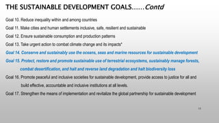 THE SUSTAINABLE DEVELOPMENT GOALS……Contd
Goal 10. Reduce inequality within and among countries
Goal 11. Make cities and hu...