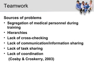 Teamwork Sources of problems Segregation of medical personnel during training Hierarchies Lack of cross-checking Lack of communication/information sharing Lack of task sharing Lack of coordination (Cosby & Croskerry, 2003) 