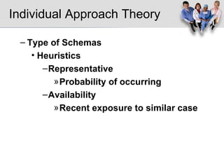 Individual Approach Theory Type of Schemas Heuristics Representative  Probability of occurring Availability  Recent exposure to similar case 