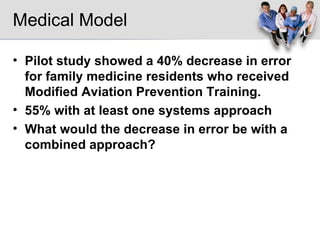 Medical Model Pilot study showed a 40% decrease in error  for family medicine residents who received Modified Aviation Prevention Training. 55% with at least one systems approach What would the decrease in error be with a combined approach? 