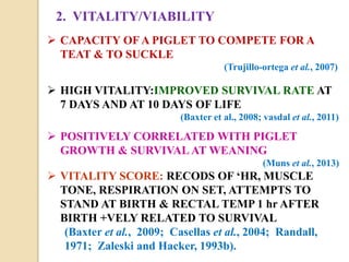 2. VITALITY/VIABILITY
 CAPACITY OF A PIGLET TO COMPETE FOR A
TEAT & TO SUCKLE
(Trujillo-ortega et al., 2007)
 HIGH VITALITY:IMPROVED SURVIVAL RATE AT
7 DAYS AND AT 10 DAYS OF LIFE
(Baxter et al., 2008; vasdal et al., 2011)
 POSITIVELY CORRELATED WITH PIGLET
GROWTH & SURVIVAL AT WEANING
(Muns et al., 2013)
 VITALITY SCORE: RECODS OF ‘HR, MUSCLE
TONE, RESPIRATION ON SET, ATTEMPTS TO
STAND AT BIRTH & RECTAL TEMP 1 hr AFTER
BIRTH +VELY RELATED TO SURVIVAL
(Baxter et al., 2009; Casellas et al., 2004; Randall,
1971; Zaleski and Hacker, 1993b).
 