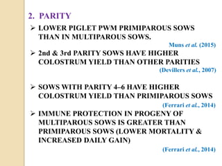 2. PARITY
 LOWER PIGLET PWM PRIMIPAROUS SOWS
THAN IN MULTIPAROUS SOWS.
Muns et al. (2015)
 2nd & 3rd PARITY SOWS HAVE HIGHER
COLOSTRUM YIELD THAN OTHER PARITIES
(Devillers et al., 2007)
 SOWS WITH PARITY 4–6 HAVE HIGHER
COLOSTRUM YIELD THAN PRIMIPAROUS SOWS
(Ferrari et al., 2014)
 IMMUNE PROTECTION IN PROGENY OF
MULTIPAROUS SOWS IS GREATER THAN
PRIMIPAROUS SOWS (LOWER MORTALITY &
INCREASED DAILY GAIN)
(Ferrari et al., 2014)
 