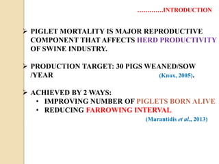  PIGLET MORTALITY IS MAJOR REPRODUCTIVE
COMPONENT THAT AFFECTS HERD PRODUCTIVITY
OF SWINE INDUSTRY.
 PRODUCTION TARGET: 30 PIGS WEANED/SOW
/YEAR (Knox, 2005).
 ACHIEVED BY 2 WAYS:
• IMPROVING NUMBER OF PIGLETS BORN ALIVE
• REDUCING FARROWING INTERVAL
(Marantidis et al., 2013)
………….INTRODUCTION
 