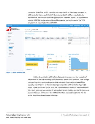 A Principled Technologies test report 14Reducing Operating Expense with
EMC ViPR Controller and ViPR SRM
composite view of the health, capacity, and usage trends of the storage managed by
ViPR Controller. When both the ViPR Controller and ViPR SRM are installed in the
environment, the ViPR SolutionPack appears in the ViPR SRM Report Library and feeds
into the ViPR SRM global reports. Figure 11 shows the top-level report of the ViPR
SolutionPack, presented within ViPR SRM.
Figure 11: ViPR SolutionPack.
Drilling down into the ViPR SolutionPack, administrators can find a wealth of
information on the virtual storage pools and arrays within ViPR Controller. From a single
common interface, administrators can view and export information on availability,
capacity, and utilization of the virtual components within ViPR Controller. Figure 12
shows a view of our iSCSI virtual array that contained physical devices presented by the
third-party block storage provider. It is important to note that the physical devices were
outside the scope of this view—the ViPR SolutionPack provided insight only into the
virtual assets discovered in ViPR Controller.
 