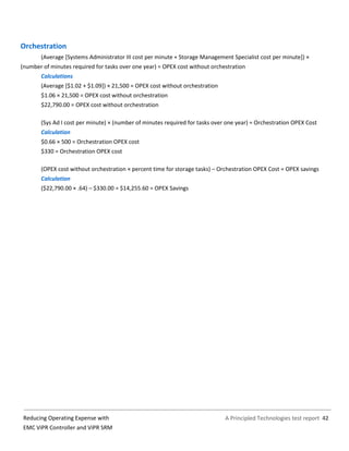 A Principled Technologies test report 42Reducing Operating Expense with
EMC ViPR Controller and ViPR SRM
Orchestration
(Average [Systems Administrator III cost per minute + Storage Management Specialist cost per minute]) ×
(number of minutes required for tasks over one year) = OPEX cost without orchestration
Calculations
(Average [$1.02 + $1.09]) × 21,500 = OPEX cost without orchestration
$1.06 × 21,500 = OPEX cost without orchestration
$22,790.00 = OPEX cost without orchestration
(Sys Ad I cost per minute) × (number of minutes required for tasks over one year) = Orchestration OPEX Cost
Calculation
$0.66 × 500 = Orchestration OPEX cost
$330 = Orchestration OPEX cost
(OPEX cost without orchestration × percent time for storage tasks) – Orchestration OPEX Cost = OPEX savings
Calculation
($22,790.00 × .64) – $330.00 = $14,255.60 = OPEX Savings
 