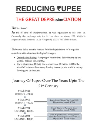 REDUCING ₹UPEE
THE GREAT DEPREssionCIATION
Did You Know?
At the of time of Independence, $1 was equivalent to less than ₹4.
Currently the exchange rate for $1 has risen to almost ₹77. Which is
approximately 20 times, i.e. A Whopping 2000% Fall of the Rupee.
Before we delve into the reasons for this depreciation, let’s acquaint
ourselves with a few terminologies/concepts:
 Quantitative Easing: Pumping of money into the economy by the
Central bank of the country.
 Current Account Deficit: Current Account Deficit or CAD is the
shortfall between the money flowing in on exports, and the money
flowing out on imports.
Journey Of ₹upee Over The Years Upto The
21st Century
 