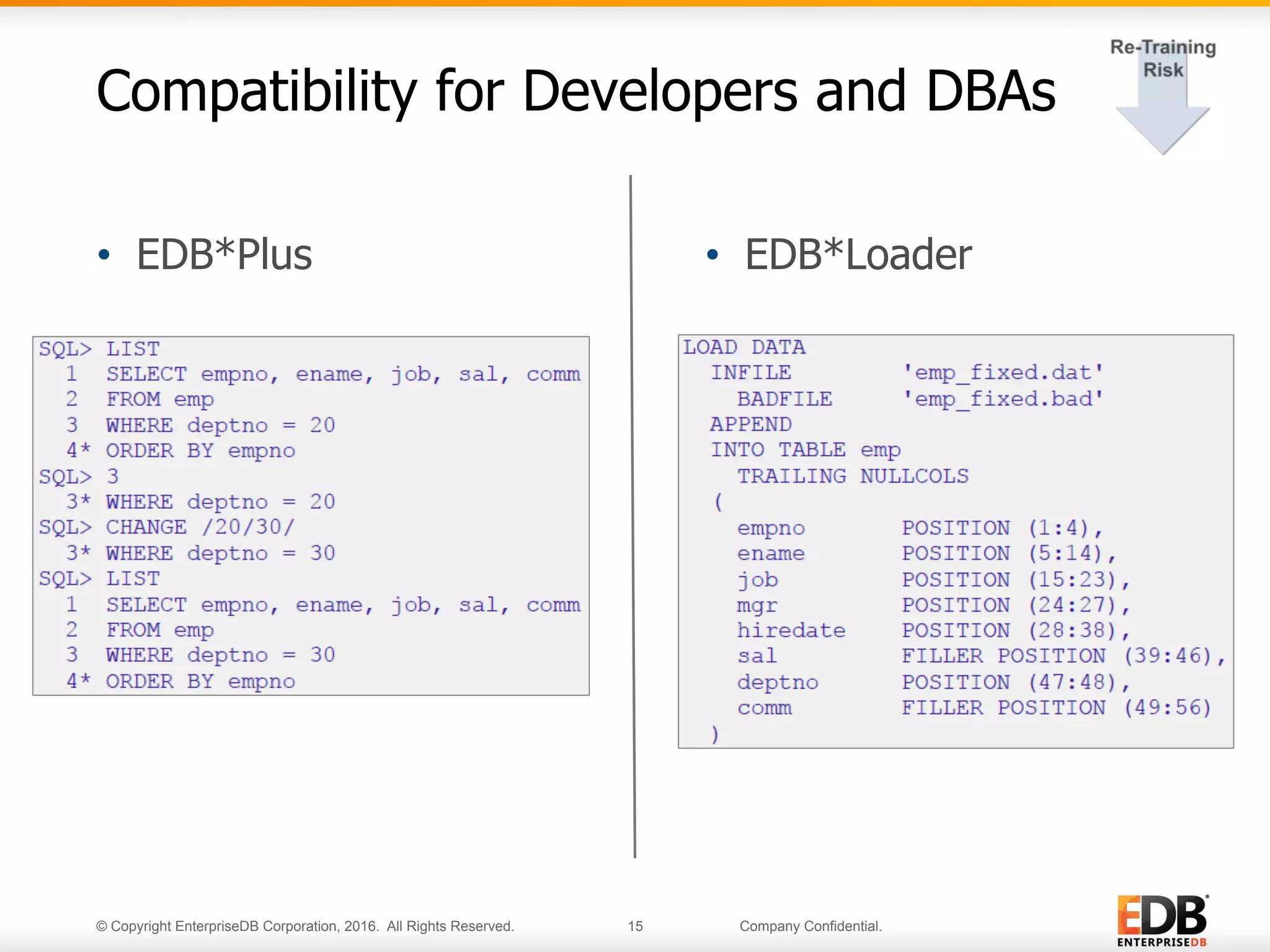 © Copyright EnterpriseDB Corporation, 2016. All Rights Reserved. 15 Company Confidential.
Compatibility for Developers and DBAs
•  EDB*Plus •  EDB*Loader
 