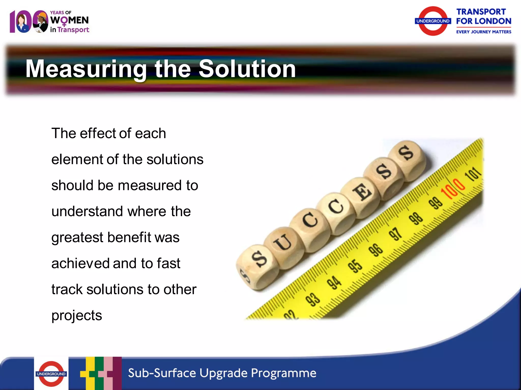 Measuring the Solution 
The effect of each element of the solutions should be measured to understand where the greatest benefit was achieved and to fast track solutions to other projects  