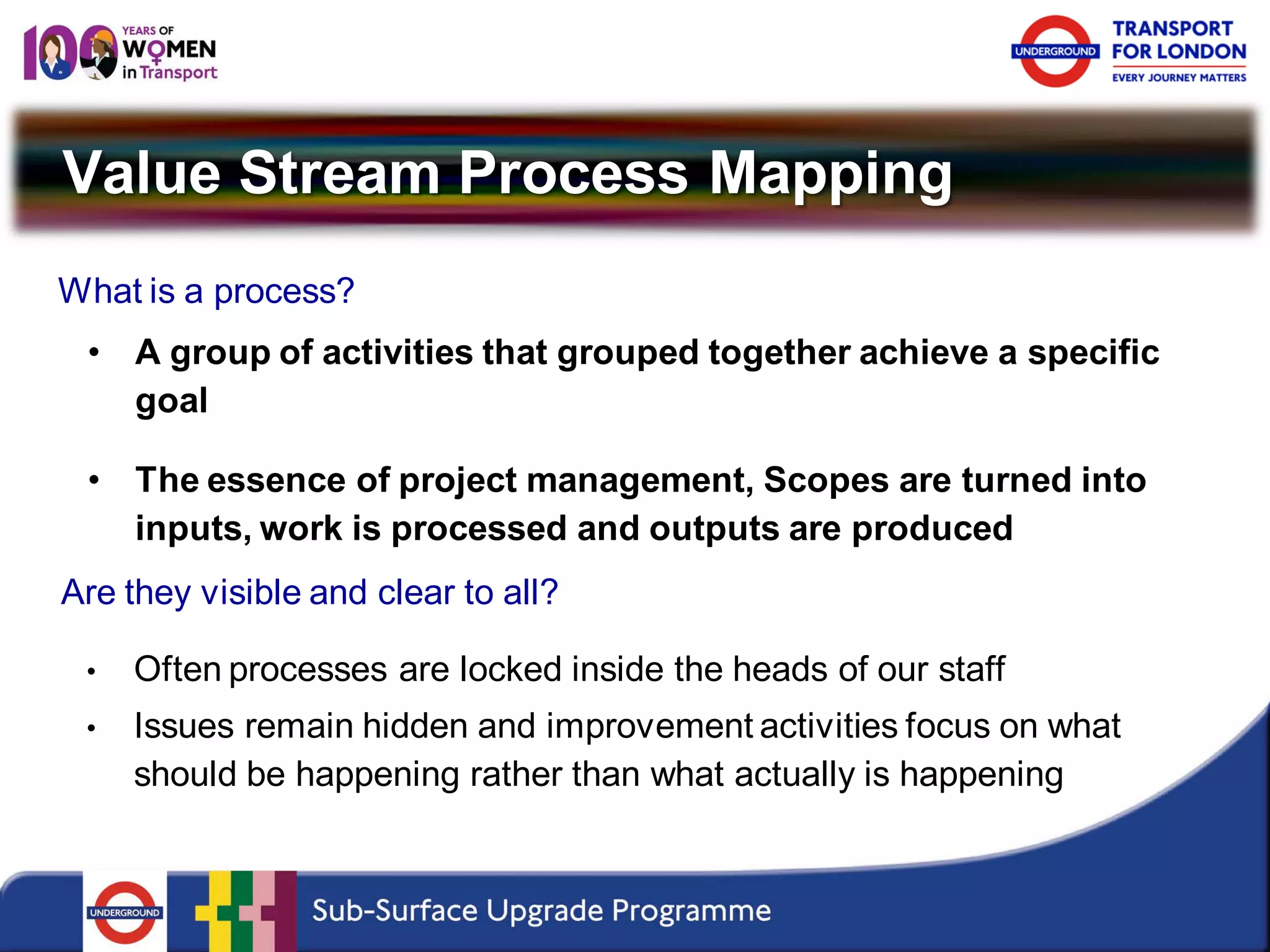 Value Stream Process Mapping 
What is a process? 
• 
A group of activities that grouped together achieve a specific goal 
• 
The essence of project management, Scopes are turned into inputs, work is processed and outputs are produced 
Are they visible and clear to all? 
• 
Often processes are locked inside the heads of our staff 
• 
Issues remain hidden and improvement activities focus on what should be happening rather than what actually is happening  