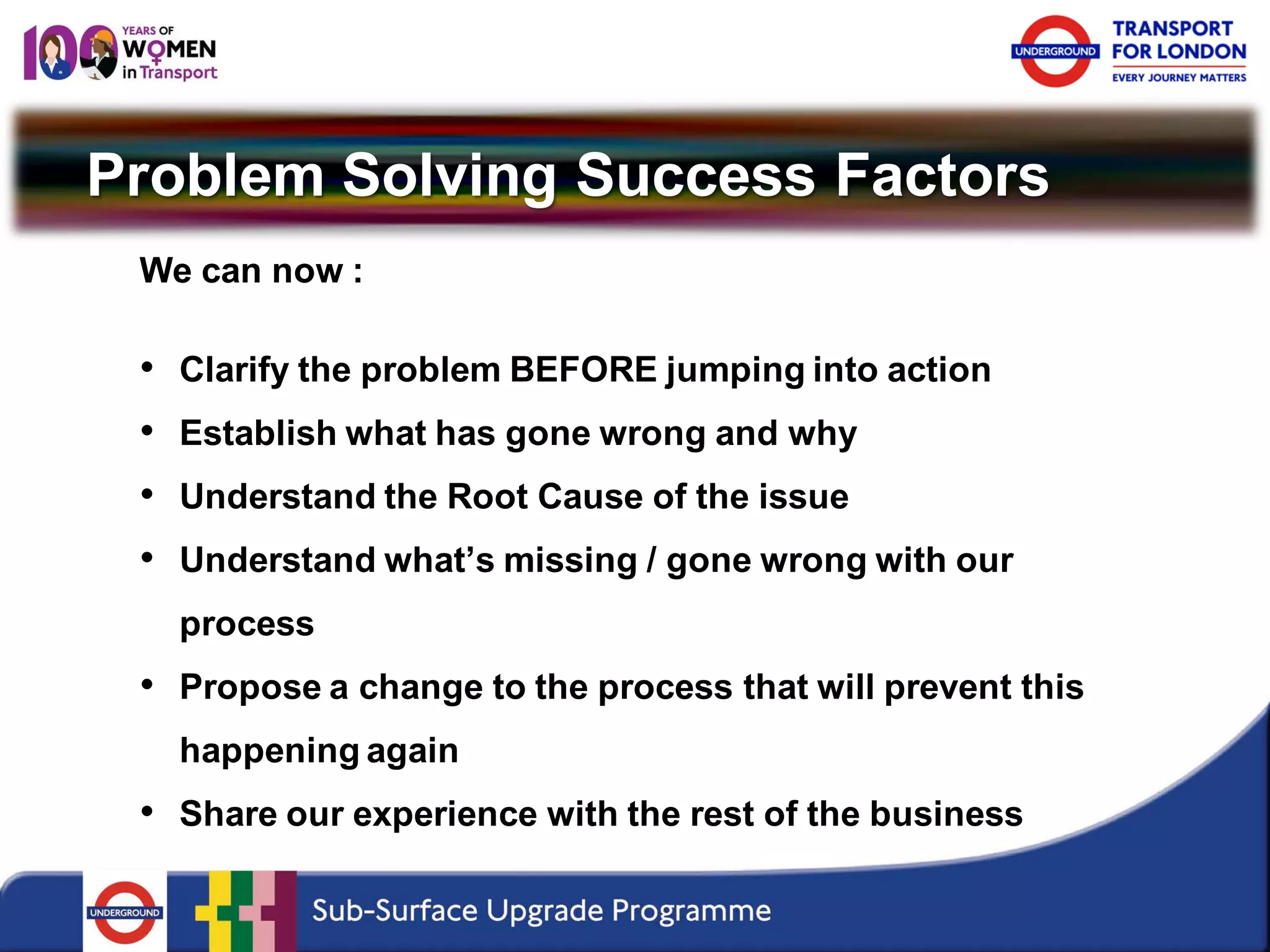 Problem Solving Success Factors 
We can now : 
• 
Clarify the problem BEFORE jumping into action 
• 
Establish what has gone wrong and why 
• 
Understand the Root Cause of the issue 
• 
Understand what’s missing / gone wrong with our process 
• 
Propose a change to the process that will prevent this happening again 
• 
Share our experience with the rest of the business  