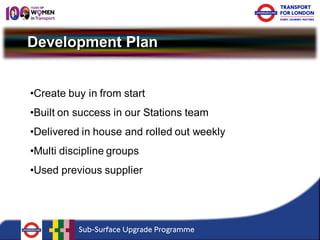 Development Plan 
• 
Create buy in from start 
• 
Built on success in our Stations team 
• 
Delivered in house and rolled out weekly 
• 
Multi discipline groups 
• 
Used previous supplier  