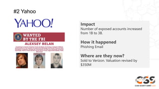 #2 Yahoo
Impact
Number of exposed accounts increased
from 1B to 3B.
How it happened
Phishing Email
Where are they now?
Sold to Verizon. Valuation revised by
$350M
 