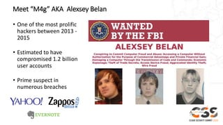 Meet “M4g” AKA Alexsey Belan
• One of the most prolific
hackers between 2013 -
2015
• Estimated to have
compromised 1.2 billion
user accounts
• Prime suspect in
numerous breaches
 