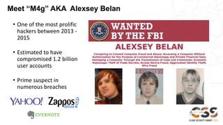 Meet “M4g” AKA Alexsey Belan
• One of the most prolific
hackers between 2013 -
2015
• Estimated to have
compromised 1.2 billion
user accounts
• Prime suspect in
numerous breaches
 