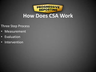How Does CSA Work
Three Step Process
• Measurement
• Evaluation
• Intervention
 