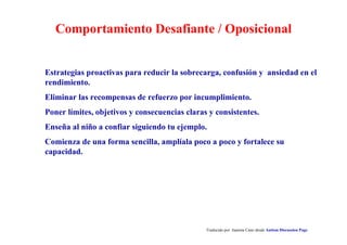 Reduciendo el Comportamiento No Deseado
Traducido por Juanma Cano desde Autism Discussion Page
• Identifica los desencadenantes que provocan el comportamiento.
• Incorpora apoyos adicionales para contrarrestar el desencadenante.
• Reduce las consecuencias de refuerzo que mantiene el
comportamiento.
• Desarrolla un comportamiento mas adecuado (que sirva para la
misma función), para sustituir el comportamiento no deseado.
• Practica, prevé y revisa el comportamiento sustitutivo.
• Observa las primeras veces; intervén rapidamente y redirige el
nuevo comportamiento.
• Refuerza fuertemente para elegir la respuesta deseable.
• Si es posible, mantenlo de apoyo si lo consideras positivo.
 