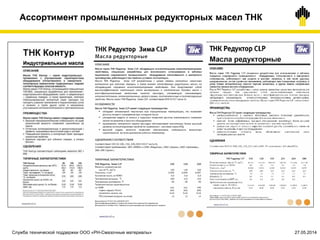 Ассортимент промышленных редукторных масел ТНК
Служба технической поддержки ООО «РН-Смазочные материалы» 27.05.2014
 