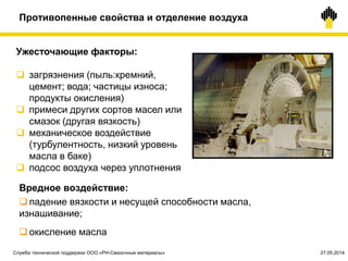 19.03.2015©TNK
Противопенные свойства и отделение воздуха
Вредное воздействие:
 падение вязкости и несущей способности масла,
изнашивание;
 окисление масла
Ужесточающие факторы:
 загрязнения (пыль:кремний,
цемент; вода; частицы износа;
продукты окисления)
 примеси других сортов масел или
смазок (другая вязкость)
 механическое воздействие
(турбулентность, низкий уровень
масла в баке)
 подсос воздуха через уплотнения
Служба технической поддержки ООО «РН-Смазочные материалы» 27.05.2014
 