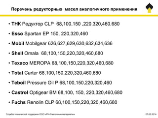 Перечень редукторных масел аналогичного применения
• ТНК Редуктор CLP 68,100,150 ,220,320,460,680
• Esso Spartan EP 150, 220,320,460
• Mobil Mobilgear 626,627,629,630,632,634,636
• Shell Omala 68,100,150,220,320,460,680
• Техасо MEROPA 68,100,150,220,320,460,680
• Total Carter 68,100,150,220,320,460,680
• Teboil Pressure Oil P 68,100,150,220,320,460
• Castrol Optigear BM 68,100, 150, 220,320,460,680
• Fuchs Renolin CLP 68,100,150,220,320,460,680
Служба технической поддержки ООО «РН-Смазочные материалы» 27.05.2014
 