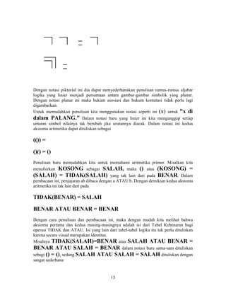 Dengan notasi piktorial ini dia dapat menyederhanakan penulisan rumus-rumus aljabar 
logika yang linier menjadi persamaan antara gambar-gambar simbolik yang planar. 
Dengan notasi planar ini maka hukum asosiasi dan hukum komutasi tidak perlu lagi 
digambarkan. 
Untuk memudahkan penulisan kita menggunakan notasi seperti ini (x) untuk "x di 
dalam PALANG." Dalam notasi baru yang linier ini kita menganggap setiap 
untaian simbol nilainya tak berubah jika urutannya diacak. Dalam notasi ini kedua 
aksioma aritmetika dapat dituliskan sebagai 
(()) = 
()() = () 
Penulisan baru memudahkan kita untuk memahami aritmetika primer. Misalkan kita 
menafsirkan KOSONG sebagai SALAH, maka () atau (KOSONG) = 
(SALAH) = TIDAK(SALAH) yang tak lain dari pada BENAR. Dalam 
pembacaan ini, penjajaran ab dibaca dengan a ATAU b. Dengan demikian kedua aksioma 
aritmetika ini tak lain dari pada 
TIDAK(BENAR) = SALAH 
BENAR ATAU BENAR = BENAR 
Dengan cara penulisan dan pembacaan ini, maka dengan mudah kita melihat bahwa 
aksioma pertama dan kedua masing-masingnya adalah isi dari Tabel Kebenaran bagi 
operasi TIDAK dan ATAU. Isi yang lain dari tabel-tabel logika itu tak perlu dituliskan 
karena secara visual merupakan identitas. 
Misalnya TIDAK(SALAH)=BENAR atau SALAH ATAU BENAR = 
BENAR ATAU SALAH = BENAR dalam notasi baru sama-sam dituliskan 
sebagi () = (), sedang SALAH ATAU SALAH = SALAH dituliskan dengan 
sangat sederhana 
15 
 