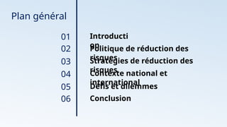 Introducti
on
Conclusion
Politique de réduction des
risques
Défis et dilemmes
Stratégies de réduction des
risques
Contexte national et
international
04
03
02
01
05
06
Plan général
 