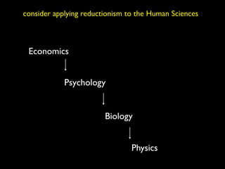 consider applying reductionism to the Human Sciences



 Economics


            Psychology


                        Biology


                                Physics
 