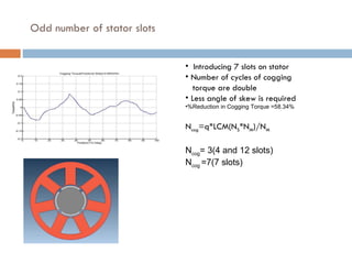 Odd number of stator slots Introducing 7 slots on stator Number of cycles of cogging torque are double Less angle of skew is required %Reduction in Cogging Torque =58.34% N cog =q*LCM(N S *N M )/N M N cog = 3(4 and 12 slots) N cog  =7(7 slots) 