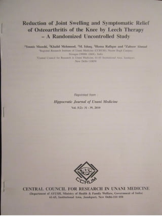 Reduction of joint swelling and symptomatic relief of osteoarthritis of knee by leech therapy an uncontrolled study
