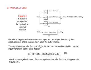 B. PARALLEL FORM


            Figure 4
           a. Parallel
          subsystems;
          b. equivalent
             transfer
             function



 Parallel subsystems have a common input and an output formed by the
 algebraic sum of the outputs from all of the subsystems.

 The equivalent transfer function, Ge(s), is the output transform divided by the
 input transform from Figure 4(a) or

                       Ge ( s )  G1 ( s )  G2 ( s )  G3 ( s )   [2]

 which is the algebraic sum of the subsystems’ transfer function; it appears in
 Figure 5(b).
 