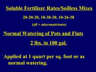 Soluble Fertilizer Rates/Soilless Mixes
20-20-20, 10-30-20, 10-26-38
(all + micronutrients)
Normal Watering of Pots and Flats
2 lbs. in 100 gal.
Applied at 1 quart per sq. foot or as
normal watering.
 