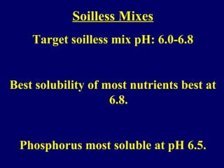 Soilless Mixes
Target soilless mix pH: 6.0-6.8
Best solubility of most nutrients best at
6.8.
Phosphorus most soluble at pH 6.5.
 