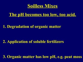 Soilless Mixes
The pH becomes too low, too acid.
1. Degradation of organic matter
2. Application of soluble fertilizers
3. Organic matter has low pH, e.g. peat moss
 