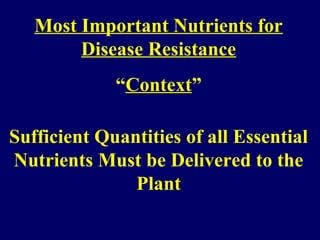 Most Important Nutrients for
Disease Resistance
“Context”
Sufficient Quantities of all Essential
Nutrients Must be Delivered to the
Plant
 