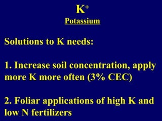 K+
Potassium
Solutions to K needs:
1. Increase soil concentration, apply
more K more often (3% CEC)
2. Foliar applications of high K and
low N fertilizers
 