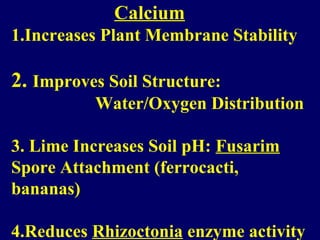 Calcium
1.Increases Plant Membrane Stability
2. Improves Soil Structure:
Water/Oxygen Distribution
3. Lime Increases Soil pH: Fusarim
Spore Attachment (ferrocacti,
bananas)
4.Reduces Rhizoctonia enzyme activity
 