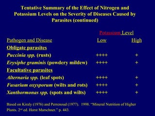 Tentative Summary of the Effect of Nitrogen and
Potassium Levels on the Severity of Diseases Caused by
Parasites (continued)
Potassium Level
Pathogen and Disease Low High
Obligate parasites
Puccinia spp. (rusts) ++++ +
Erysiphe graminis (powdery mildew) ++++ +
Facultative parasites
Alternaria spp. (leaf spots) ++++ +
Fusarium oxysporum (wilts and rots) ++++ +
Xanthormonas spp. (spots and wilts) ++++ +
Based on Kiraly (1976) and Perrenoud (1977). 1998. “Mineral Nutrition of Higher
Plants. 2nd
ed. Horst Marschner.” p. 443.
 