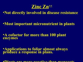 Zinc Zn++
•Not directly involved in disease resistance
•Most important micronutrient in plants
•A cofactor for more than 100 plant
enzymes
•Applications to foliar almost always
produce a response in plans.
 