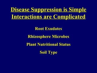 Disease Suppression is Simple
Interactions are Complicated
Root Exudates
Rhizosphere Microbes
Plant Nutritional Status
Soil Type
 