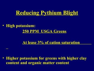 Reducing Pythium Blight
• High potassium:
250 PPM USGA Greens
At lease 3% of cation saturation
• Higher potassium for greens with higher clay
content and organic matter content
 