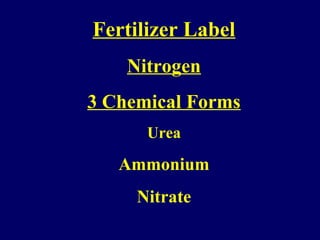 Fertilizer Label
Nitrogen
3 Chemical Forms
Urea
Ammonium
Nitrate
 