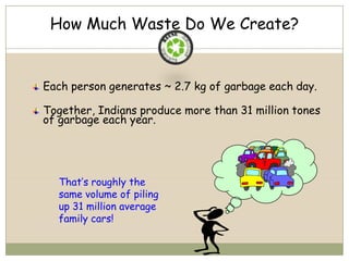 How Much Waste Do We Create?

Each person generates ~ 2.7 kg of garbage each day.
Together, Indians produce more than 31 million tones
of garbage each year.

That’s roughly the
same volume of piling
up 31 million average
family cars!

 