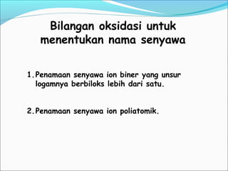 Bilangan oksidasi untuk
menentukan nama senyawa
1.Penamaan senyawa ion biner yang unsur
logamnya berbiloks lebih dari satu.
2.Penamaan senyawa ion poliatomik.
 