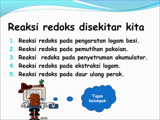 Reaksi redoks disekitar kita
1. Reaksi redoks pada pengaratan logam besi.
2. Reaksi redoks pada pemutihan pakaian.
3. Reaksi redoks pada penyetruman akumulator.
4. Reaksi redoks pada ekstraksi logam.
5. Reaksi redoks pada daur ulang perak.
Tugas
kelompok
 