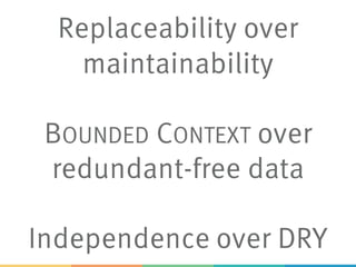 Replaceability over
maintainability
BOUNDED CONTEXT over
redundant-free data
Independence over DRY
 
