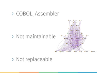 > COBOL, Assembler
> Not maintainable
> Not replaceable
 