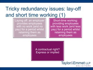 Tricky redundancy issues: lay-off
and short time working (1)
Laying off: an employer
provides employees
with no work (and no
pay) for a period whilst
retaining them as
employees
Short-time working:
providing employees
with less work (and less
pay) for a period whilst
retaining them as
employees
A contractual right?
Express or implied
 