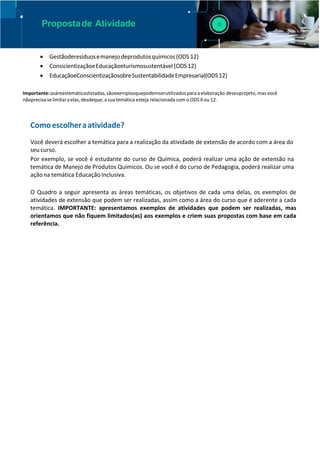 Propostade Atividade
 Gestãoderesíduosemanejodeprodutosquímicos(ODS 12)
 ConsicientizaçãoeEducaçãoeturismosustentável (ODS12)
 EducaçãoeConscientizaçãosobreSustentabilidadeEmpresarial(ODS12)
Importante:asáreastemáticaslistadas,sãoexemplosquepodemserutilizadosparaaelaboração deseuprojeto,mas você
nãoprecisaselimitaraelas,desdeque,a suatemática esteja relacionadacom o ODS 4 ou 12.
Comoescolheraatividade?
Você deverá escolher a temática para a realização da atividade de extensão de acordo com a área do
seu curso.
Por exemplo, se você é estudante do curso de Química, poderá realizar uma ação de extensão na
temática de Manejo de Produtos Químicos. Ou se você é do curso de Pedagogia, poderá realizar uma
açãona temática EducaçãoInclusiva.
O Quadro a seguir apresenta as áreas temáticas, os objetivos de cada uma delas, os exemplos de
atividades de extensão que podem ser realizadas, assim como a área do curso que é aderente a cada
temática. IMPORTANTE: apresentamos exemplos de atividades que podem ser realizadas, mas
orientamos que não fiquem limitados(as) aos exemplos e criem suas propostas com base em cada
referência.
 