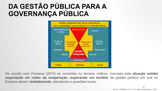 DA GESTÃO PÚBLICA PARA A
GOVERNANÇA PÚBLICA
De acordo com Fonseca (2013) se consolida no terceiro milênio, marcada pela atuação estatal
organizada em redes de cooperação, superando um modelo de gestão pública em que os
Estados atuam, isoladamente, atendendo a questões locais.
Op. cit.: FONSECA, R. A. O. O regime diferenciado …2013
20
 