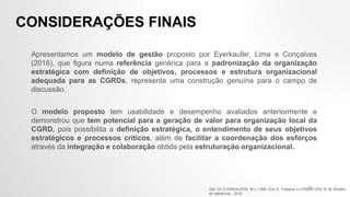 CONSIDERAÇÕES FINAIS
Apresentamos um modelo de gestão proposto por Eyerkaufer, Lima e Conçalves
(2016), que figura numa referência genérica para a padronização da organização
estratégica com definição de objetivos, processos e estrutura organizacional
adequada para as CGRDs, representa uma construção genuína para o campo de
discussão.
O modelo proposto tem usabilidade e desempenho avaliados anteriormente e
demonstrou que tem potencial para a geração de valor para organização local da
CGRD, pois possibilita a definição estratégica, o entendimento de seus objetivos
estratégicos e processos críticos, além de facilitar a coordenação dos esforços
através da integração e colaboração obtida pela estruturação organizacional.
Opt. Cit. EYERKAUFER, M.L; LIMA, Dos S., Fabiana; e CONÇALVES, B. M. Modelo
de referência…2016.
47
 